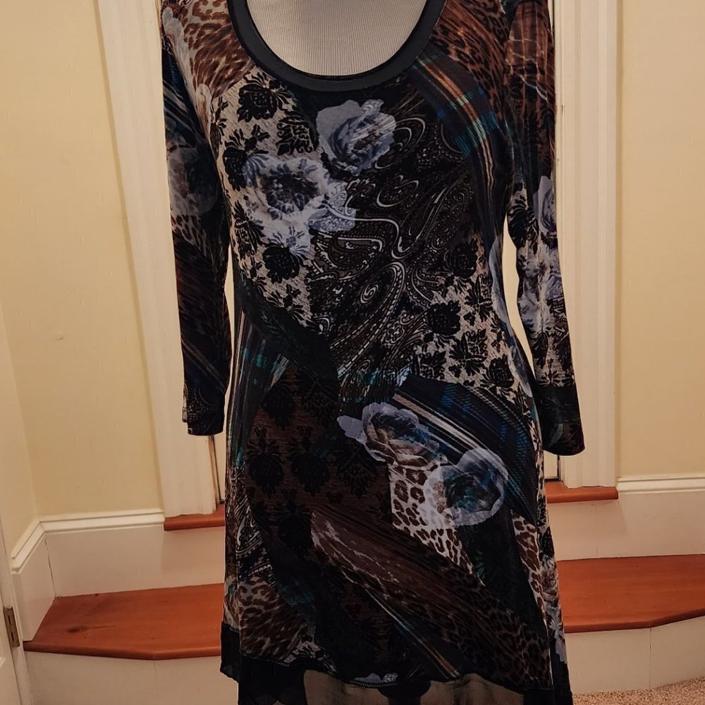Pyramid multi print long sleeve with sheer on bottom a line dress